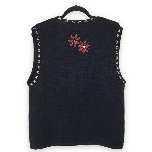 Bobbie Brooks Holiday Ugly Christmas Black Red Gold Poinsettia Vest Size Large - Picture 2 of 14